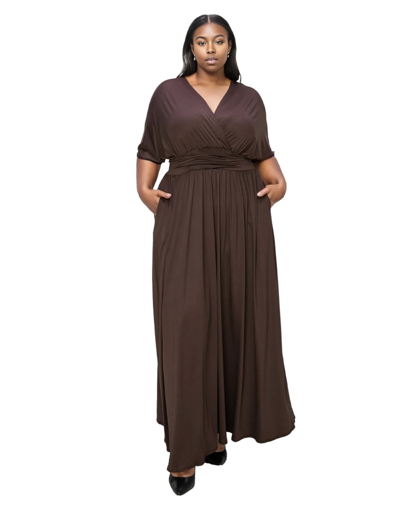 Front of a model wearing a size 2X Raffi Pocket Empire Waist Maxi Dress in Brown by L I V D. | dia_product_style_image_id:339632